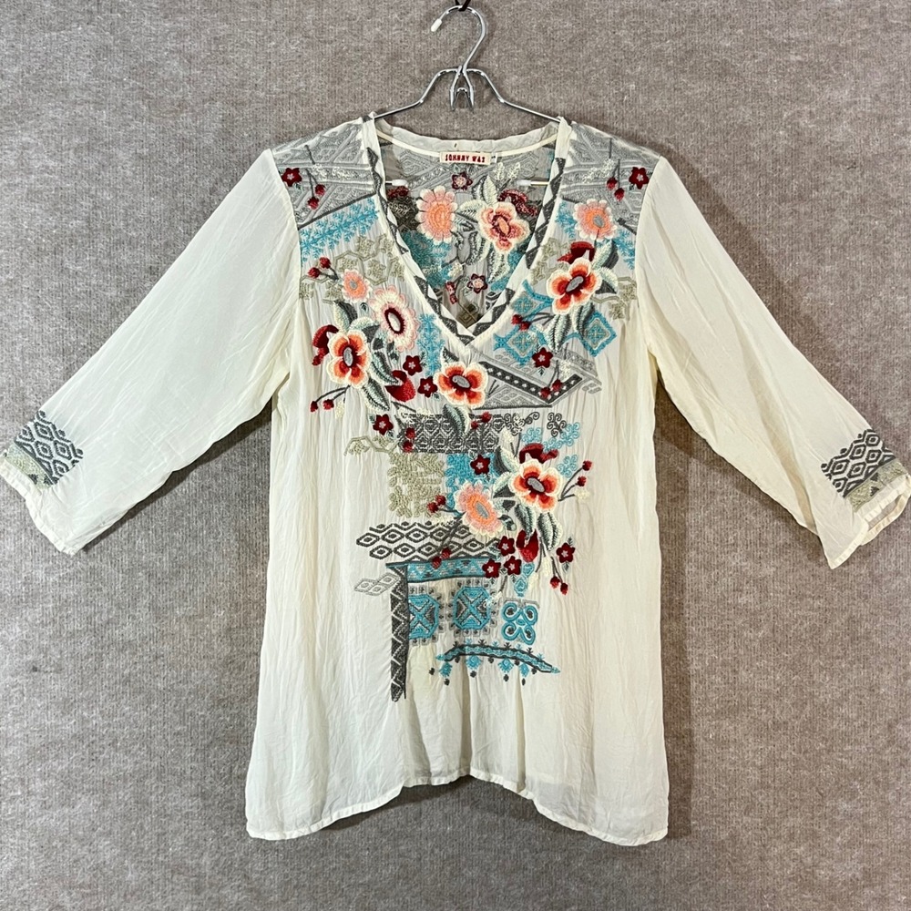 Johnny Was Tunic Womens S White Floral Embroidered V Neck 3/4 Sleeve Boho